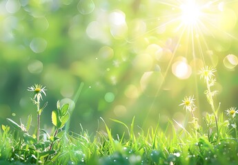 Wall Mural - spring green grass background with sun rays