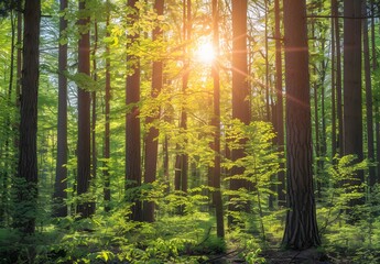 Wall Mural - sunlight filtering through spring forest