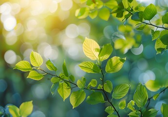 Poster - Springtime Green Leaves Sunlight Blurred Background