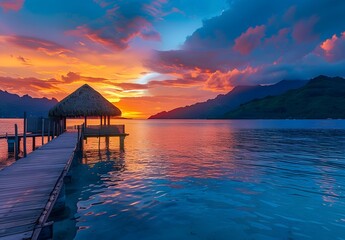 Canvas Print - Bora Bora Sunset Overwater Bungalow