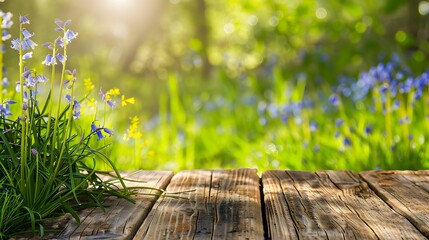 Wall Mural - springtime wooden tabletop with bluebells