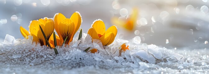 Poster - Yellow Crocuses Bloom Through Winter Snow