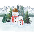 © anitapol - Funny snowman couple on snowy ground with fir trees. Painted vintage style illustration. Hand drawn smiling two snowman in winter forest scene. Traditional winter snow decoration. White background