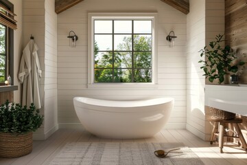 Modern farmhouse bathroom interior with freestanding bath