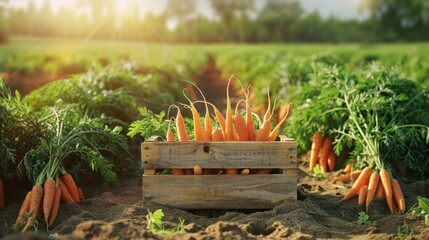 Wall Mural - Freshly Harvested Carrots in a Wooden Crate