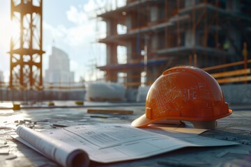 Poster - Construction site with blueprints and safety helmet