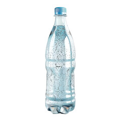 Clear plastic bottle of sparkling water with blue cap