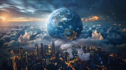 Wall Mural - A 3D rendering of the Earth seen from space, floating above a cityscape with illuminated skyscrapers and surrounded by clouds, symbolizing global business