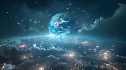 Wall Mural - A scene of the Earth floating above an illuminated cityscape at night, with atmospheric clouds conveying global connectivity and technology