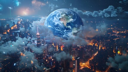 Wall Mural - A 3D visual of an Earth globe above a vibrant city at night, buildings illuminated and encased in clouds to symbolize global business connectivity