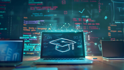 laptop with a graduation cap hologram over it, representing online education and digital learning in