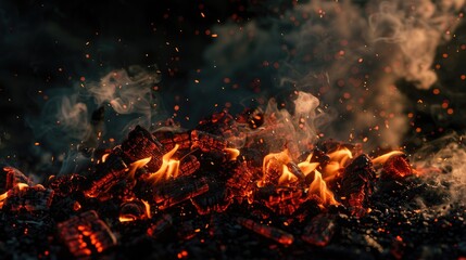Wall Mural - immerse yourself in the fiery spectacle of burning coal and flying embers, as smoke billows and flam