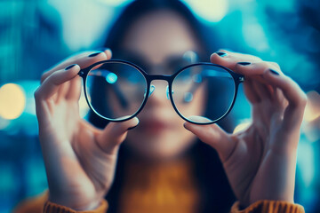 A captivating image of a woman hands holding a pair of eyeglasses.