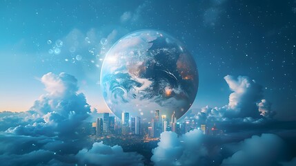 Wall Mural - A scene of the Earth floating above a city with glowing skyscrapers, surrounded by clouds to symbolize global connectivity on a blue background