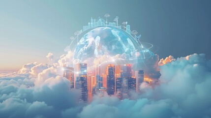 Wall Mural - A scene of the Earth floating above a city with glowing skyscrapers, surrounded by clouds to symbolize global connectivity on a blue background