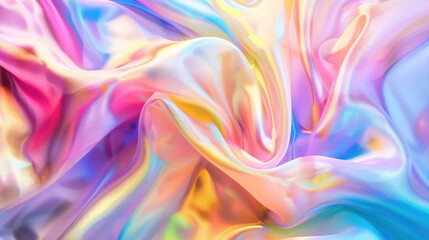 Wall Mural - Iridescent fabric background featuring a pastel colorful spectrum of liquid flow, with bright, vibrant colors blending seamlessly together to create a dynamic and visually appealing composition.