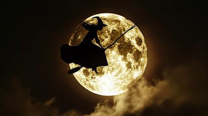 A witch flying with her broom at the full moon