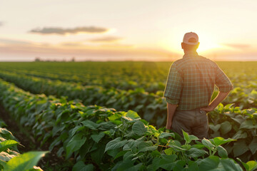 Rear view of senior farmer standing in soybean field examining crop at sunset