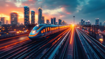 Canvas Print - High-Speed Train Racing Through the City at Sunset