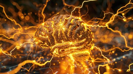 Wall Mural - Journey into the realm of the mind with vibrant golden lightning energy cascading across the dynamic backdrop, 