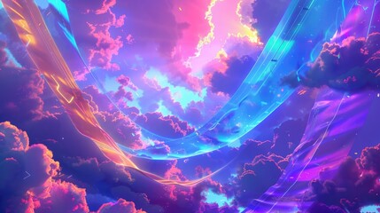Wall Mural - magical abstract background featuring a colorful sky with neon clouds and banners of purple and blue