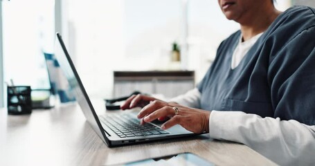 Nurse, typing and laptop for prescription in office, medical report and website for feedback with patient. Computer, hands and healthcare professional for results, email or female person for medicare