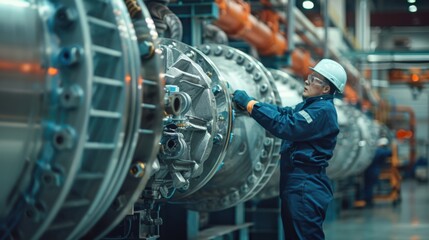 Wall Mural - AC technician installing a new compressor in a large factory AC system