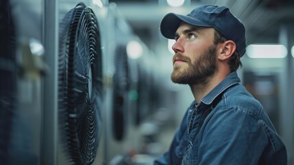 Wall Mural - AC technician performing routine checks on an industrial HVAC system, natural photograph