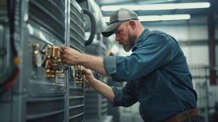 Wall Mural - AC technician performing routine maintenance on a large factory air conditioning system, realistic photography