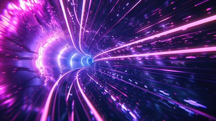 Wall Mural - mesmerizing abstract neon background depicting a space tunnel twisting to the left, illuminated by u