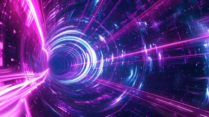 Wall Mural - mesmerizing abstract neon background depicting a space tunnel twisting to the left, illuminated by u
