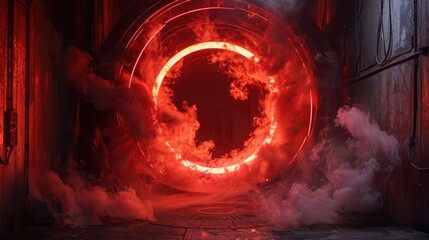 Wall Mural - ominous tendrils of smoke emerge from a circular void, illuminated by eerie red glows that infuse th