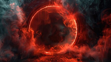 Wall Mural - ominous tendrils of smoke emerge from a circular void, illuminated by eerie red glows that infuse th