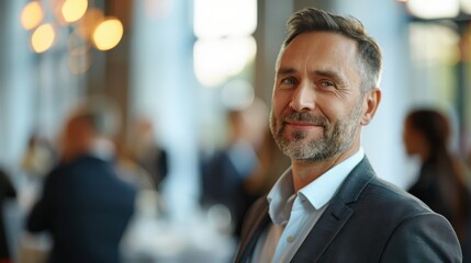 Wall Mural - Businessman attending a sustainable business awards ceremony, natural photograph