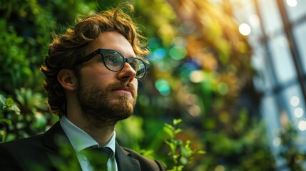 Wall Mural - Businessman hosting a panel on environmental innovation, realistic photography