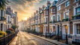 Fototapeta Uliczki - Narrow cobblestone street lined with identical row of small, ornate, brick-built, 19th-century Victorian terraced houses with chimneys and bay windows.