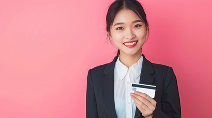 Wall Mural - Beautiful young Asian businesswoman in suit smiling, holding credit card for online payment, pink background.