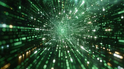Tunnel of green lights and digital codes. Flow of information through a virtual space. Technology