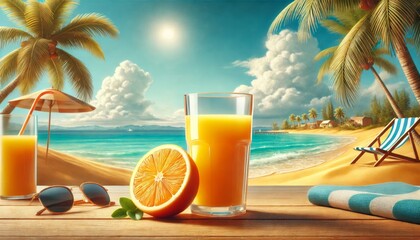 A glass of orange juice on table at the beach