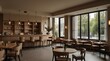 © MUNTAHA - Beige cafe interior with bar island and dining space, panoramic window.generative.ai