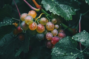 Wall Mural - Close up of a bunch of grapes hanging from the vine, covered in water droplets after a recent rain