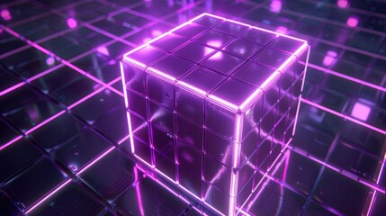 Sticker - Neon Cube on a Grid