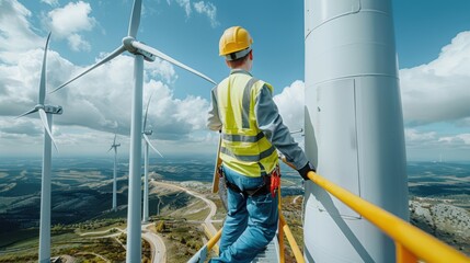 Close-up of a wind turbine technician inspecting a blade, copy space, realistic photography