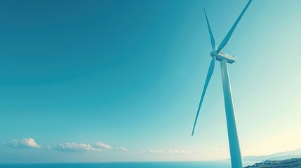 Close-up of a wind turbine with a blue sky, copy space, natural photograph