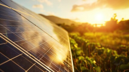 Solar panels capturing sunlight in a field during sunset, highlighting renewable energy and sustainable technology in a natural setting.