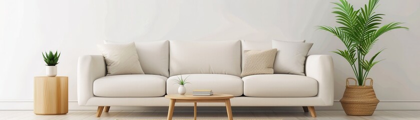 Sticker - Modern living room interior with white sofa and plants.