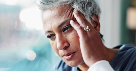 Sticker - Face, mature woman and window as nurse with headache or tired and fatigue in hospital. Female person, employee and healthcare or medical practitioner with stress or anxiety and burnout or pain