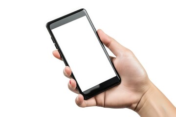 Wall Mural - male hand holding smartphone with blank screen on white background. mock up