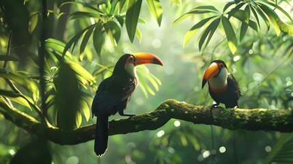 Two toucan tropical birds sitting on a tree branch