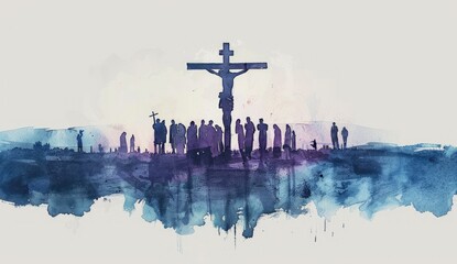 A minimalist, vibrant watercolor illustration of the crucifixion of Jesus. Religion and Spirituality concepts.